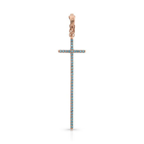 Dominique Cohen tall narrow diamond cross enhancer, hinged bail, in blue diamonds and 18k rose gold <span class='visuallyhidden'>Call, text 323-404-2959 for shopping help.</span>